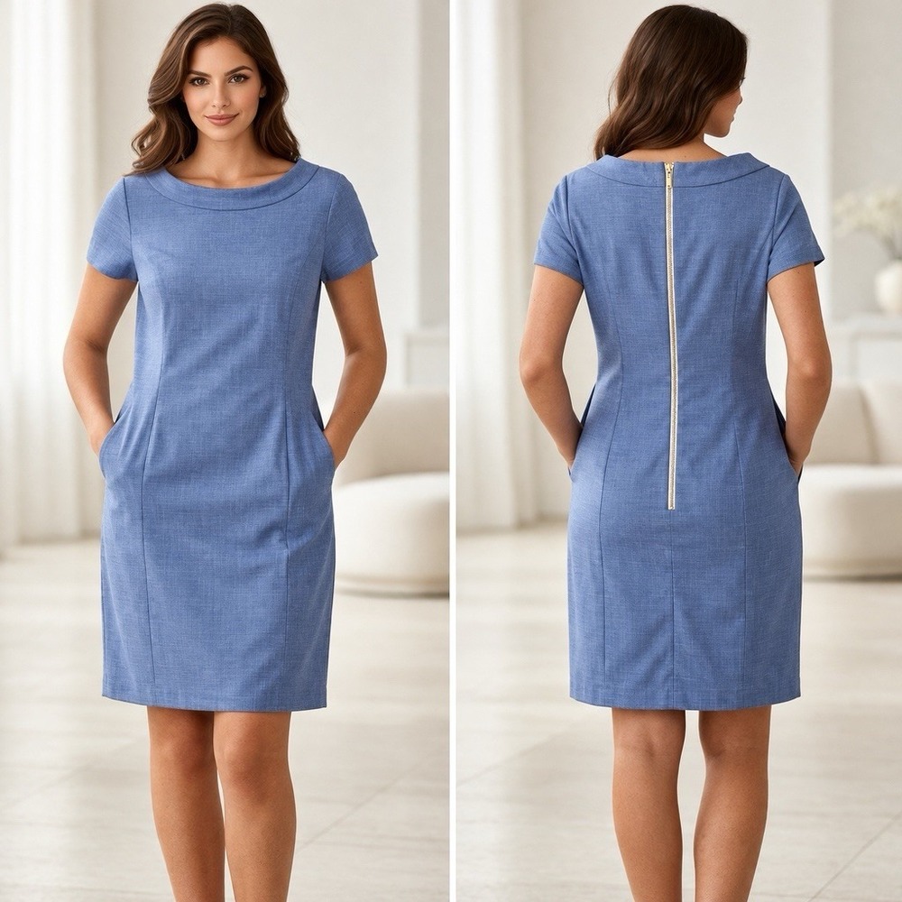 Sara Campbell Dress M Blue Sheath USA‎ Cotton Pockets Zip Back Classic Luxury